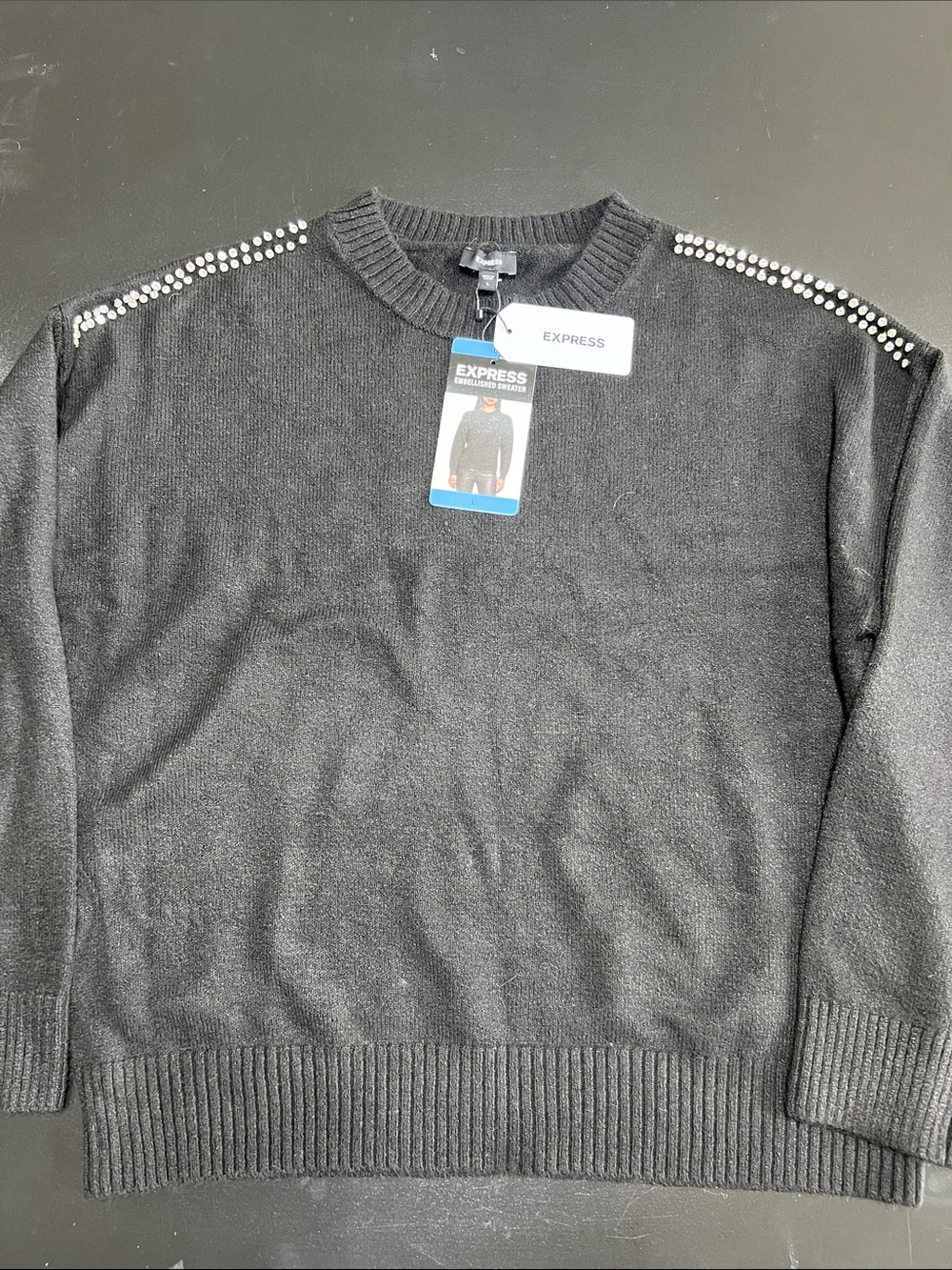 Express Black Crewneck Sweater with Shoulder Stud Accents